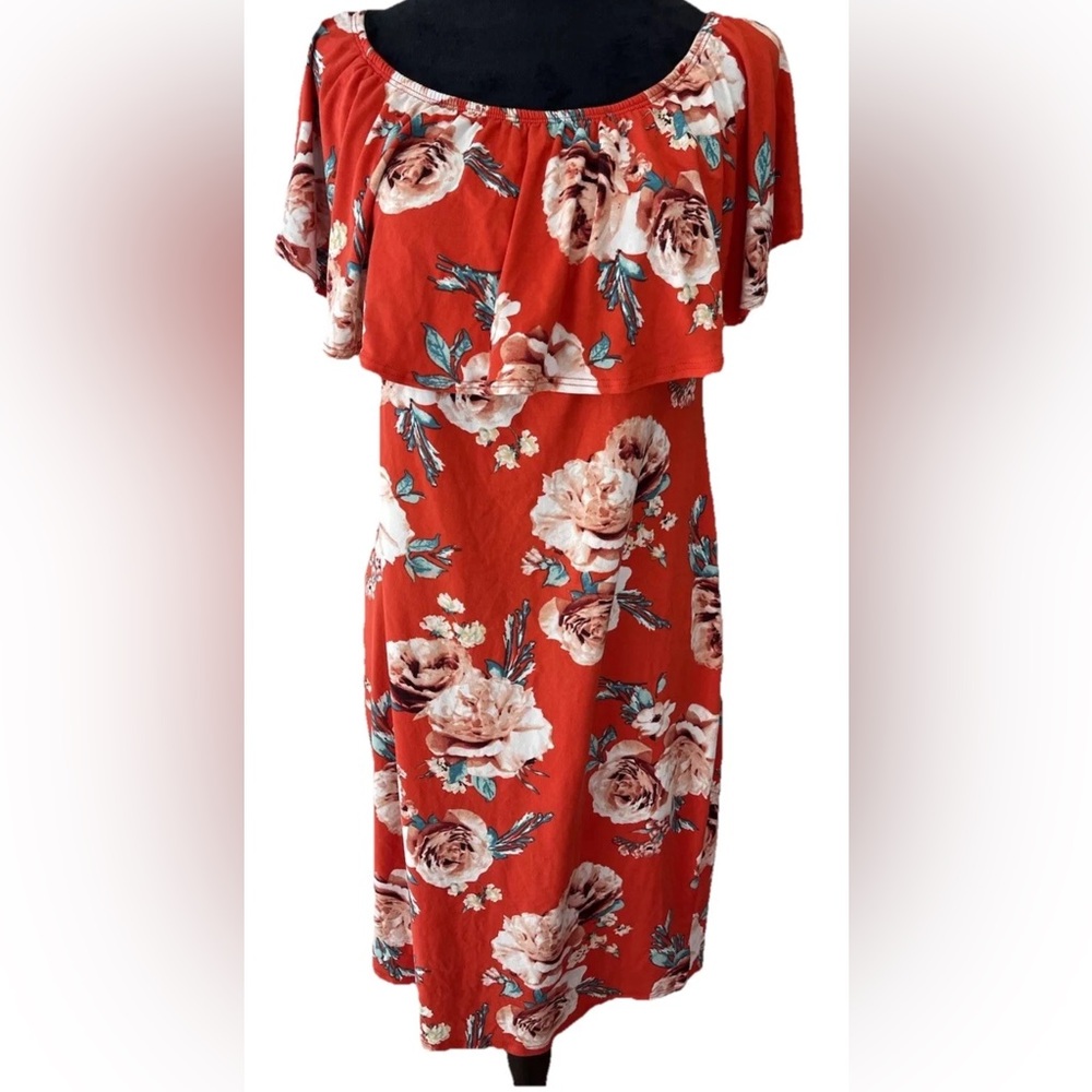 Meli & Eve off shoulder red/orange rose floral stretch pullover dress size 2XL